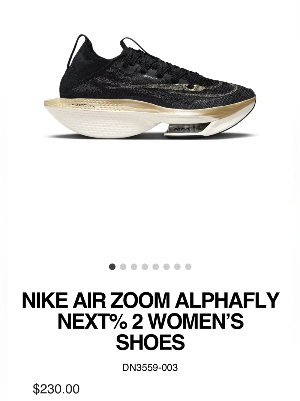 NWT Nike Air Zoom Alphafly Next% 2 — Black & Metallic Gold size 6
